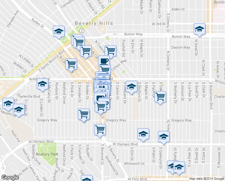 map of restaurants, bars, coffee shops, grocery stores, and more near 9433 Charleville Boulevard in Beverly Hills