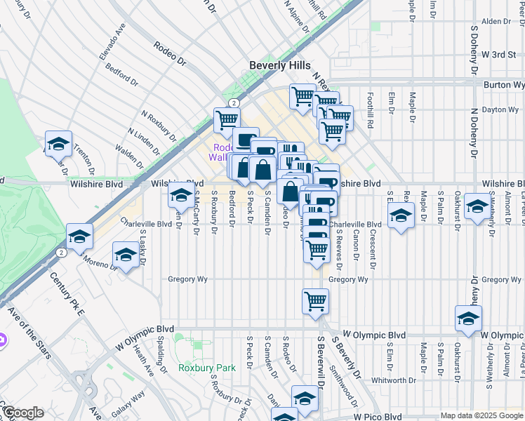 map of restaurants, bars, coffee shops, grocery stores, and more near 153 South Camden Drive in Beverly Hills