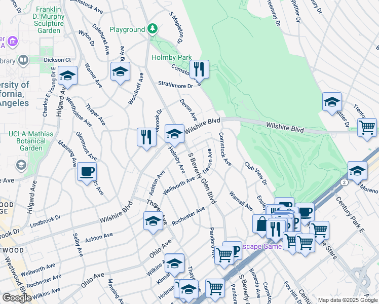 map of restaurants, bars, coffee shops, grocery stores, and more near 1253 South Beverly Glen Boulevard in Los Angeles