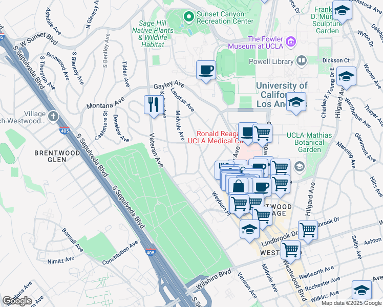 map of restaurants, bars, coffee shops, grocery stores, and more near 649 1/2 Midvale Avenue in Los Angeles