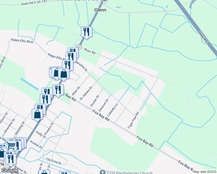 map of restaurants, bars, coffee shops, grocery stores, and more near 345 Carolina Drive in Loris