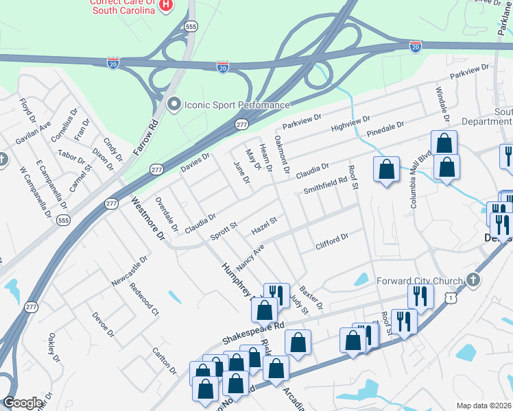 map of restaurants, bars, coffee shops, grocery stores, and more near 7120 Sprott Street in Columbia