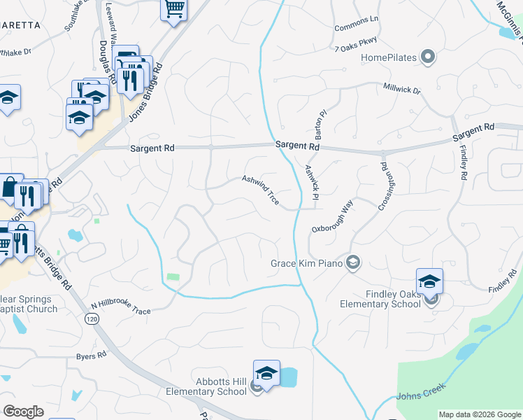 map of restaurants, bars, coffee shops, grocery stores, and more near 11615 Windbrooke Way in Alpharetta