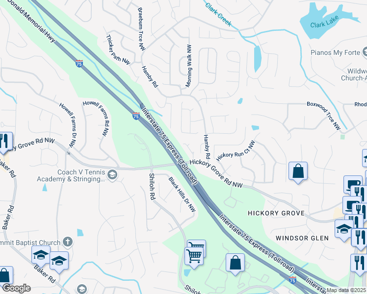 map of restaurants, bars, coffee shops, grocery stores, and more near 2284 Cottrell Lane in Acworth