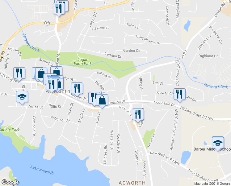 map of restaurants, bars, coffee shops, grocery stores, and more near 4244 Wexford Downs Way in Acworth