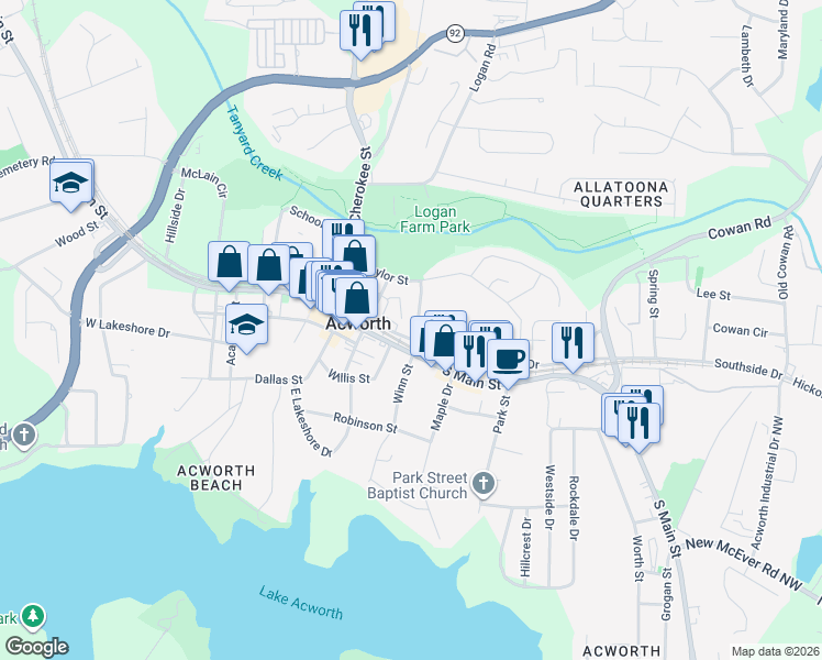 map of restaurants, bars, coffee shops, grocery stores, and more near 4274 Southside Drive in Acworth