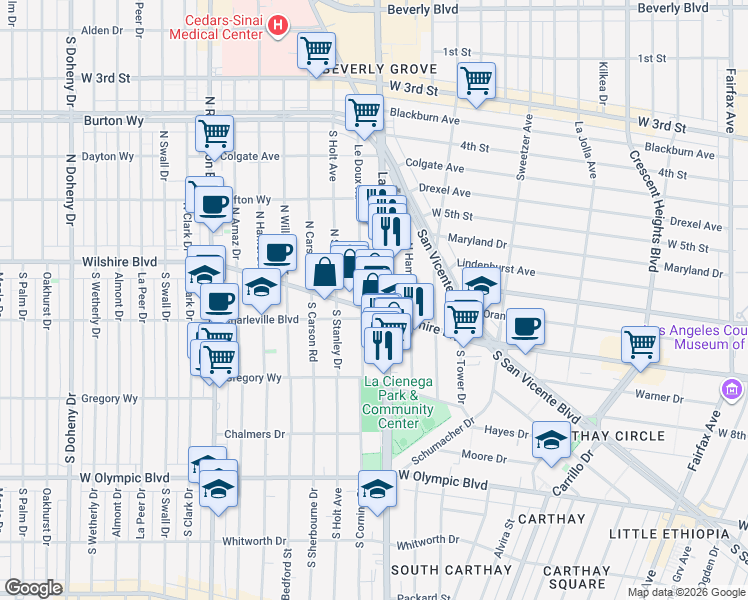 map of restaurants, bars, coffee shops, grocery stores, and more near 200s Le Doux Road in Beverly Hills