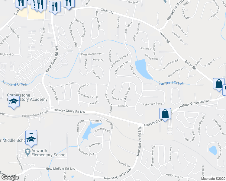 map of restaurants, bars, coffee shops, grocery stores, and more near 4638 Noah Overlook West in Acworth