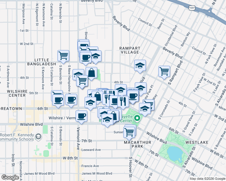 map of restaurants, bars, coffee shops, grocery stores, and more near 436 South Virgil Avenue in Los Angeles