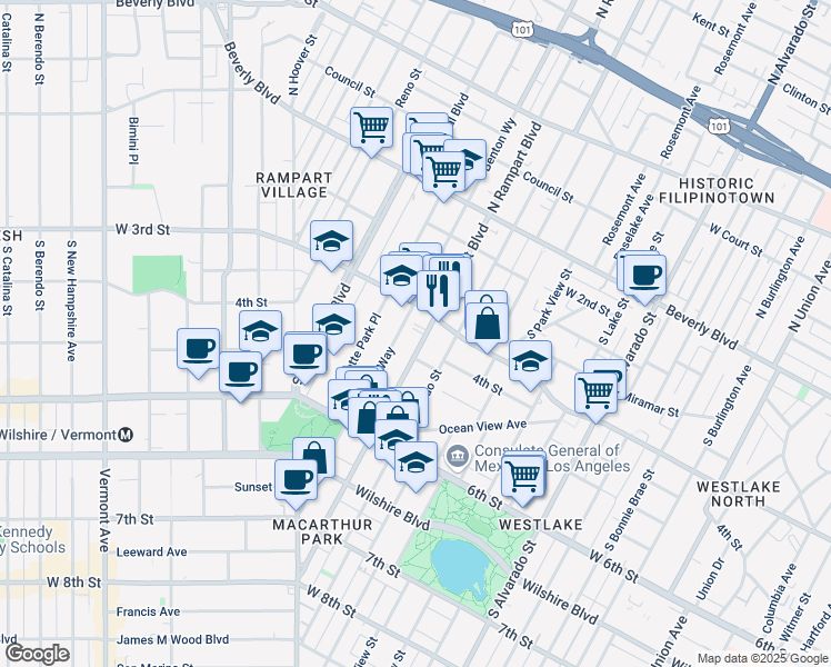 map of restaurants, bars, coffee shops, grocery stores, and more near 336 South Rampart Boulevard in Los Angeles