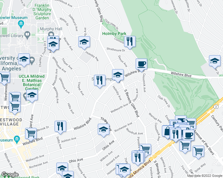 map of restaurants, bars, coffee shops, grocery stores, and more near 10442 Ashton Avenue in Los Angeles