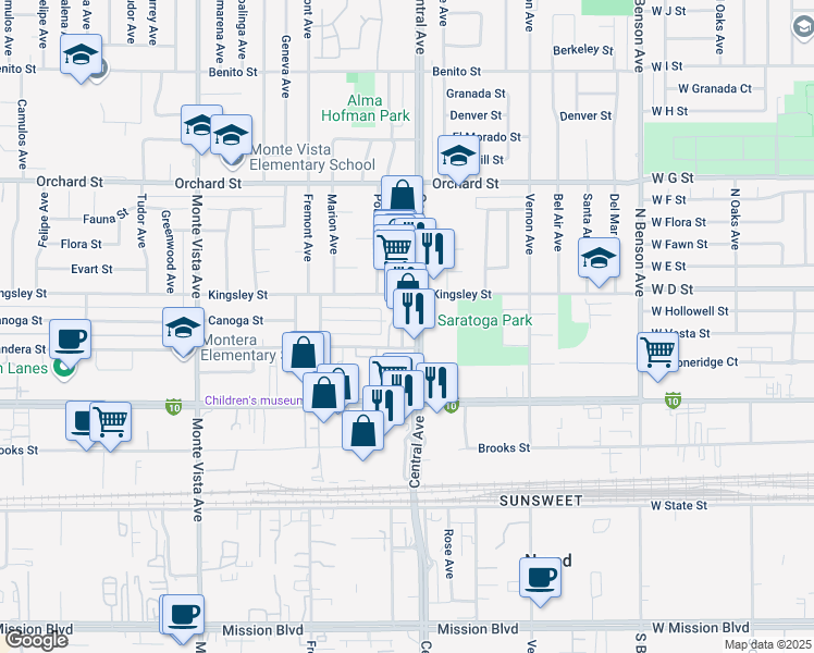 map of restaurants, bars, coffee shops, grocery stores, and more near 10380 Central Avenue in Montclair