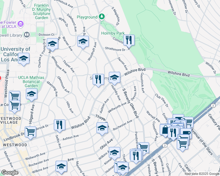 map of restaurants, bars, coffee shops, grocery stores, and more near 10430 Wilshire Boulevard in Los Angeles