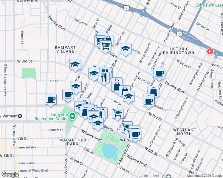 map of restaurants, bars, coffee shops, grocery stores, and more near 288 South Coronado Street in Los Angeles