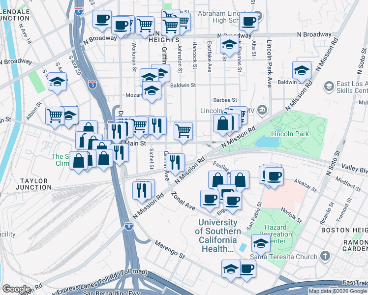 map of restaurants, bars, coffee shops, grocery stores, and more near 3000 North Main Street in Los Angeles
