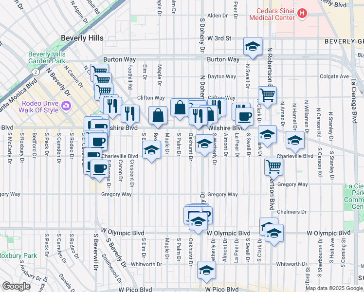 map of restaurants, bars, coffee shops, grocery stores, and more near 136 South Palm Drive in Beverly Hills