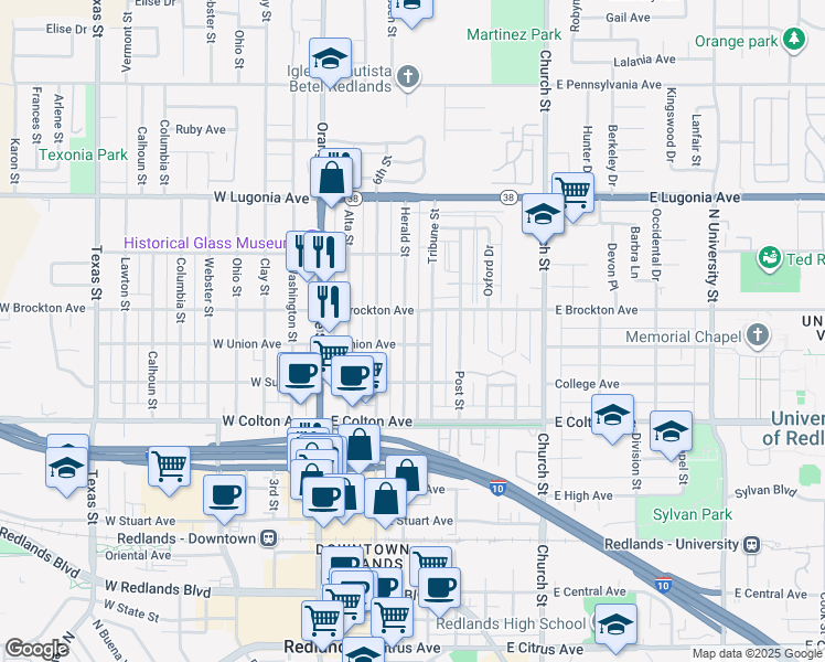 map of restaurants, bars, coffee shops, grocery stores, and more near 1012 Herald Street in Redlands