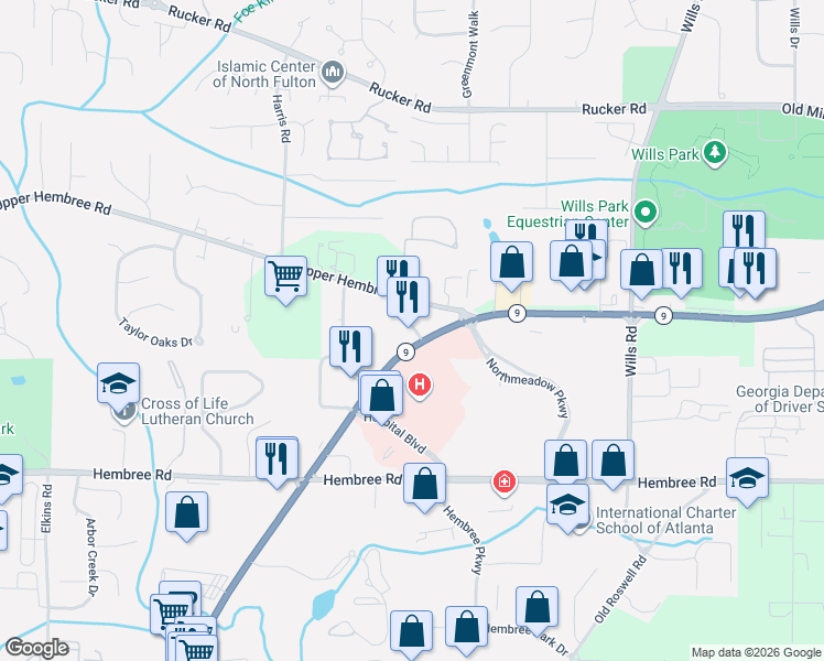 map of restaurants, bars, coffee shops, grocery stores, and more near 11706 Alpharetta Highway in Roswell