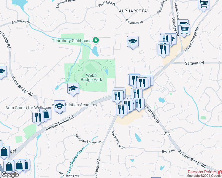 map of restaurants, bars, coffee shops, grocery stores, and more near 5050 Kimball Bridge Road in Alpharetta