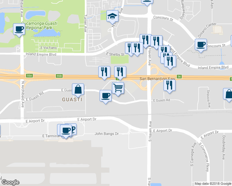 map of restaurants, bars, coffee shops, grocery stores, and more near 3257 East Guasti Road in Ontario