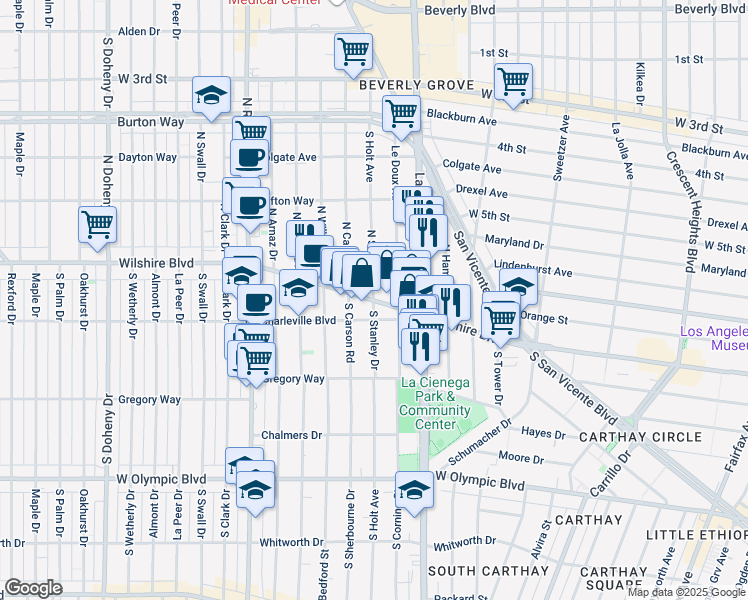 map of restaurants, bars, coffee shops, grocery stores, and more near Wilshire Blvd & S Stanley Dr in Beverly Hills