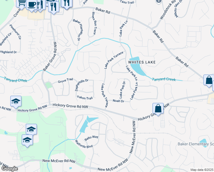 map of restaurants, bars, coffee shops, grocery stores, and more near 4639 Noah Overlook West in Acworth