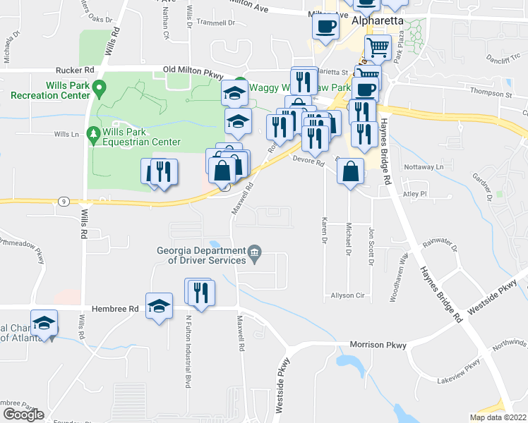 map of restaurants, bars, coffee shops, grocery stores, and more near 2025 Kilmington Square in Alpharetta