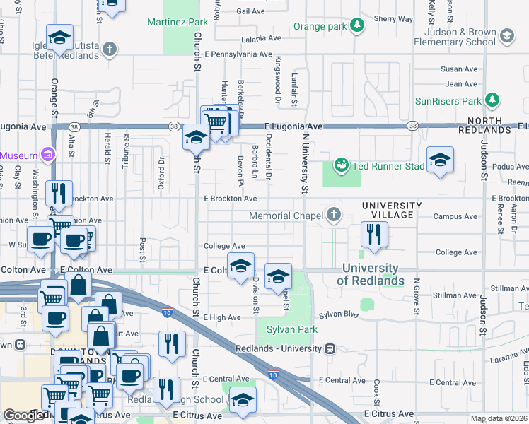 map of restaurants, bars, coffee shops, grocery stores, and more near 1015 Occidental Drive in Redlands
