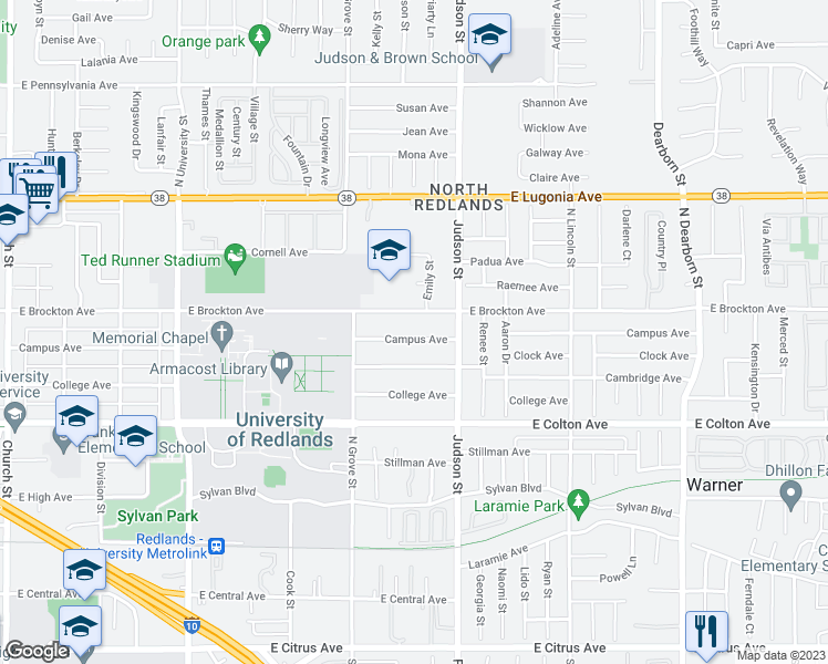 map of restaurants, bars, coffee shops, grocery stores, and more near 1321 Campus Avenue in Redlands