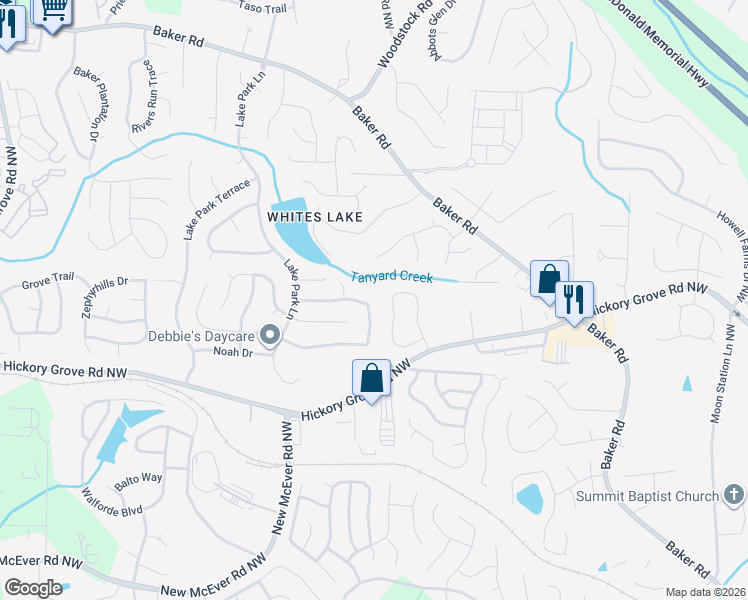 map of restaurants, bars, coffee shops, grocery stores, and more near 2658 Lake Park Bend in Acworth