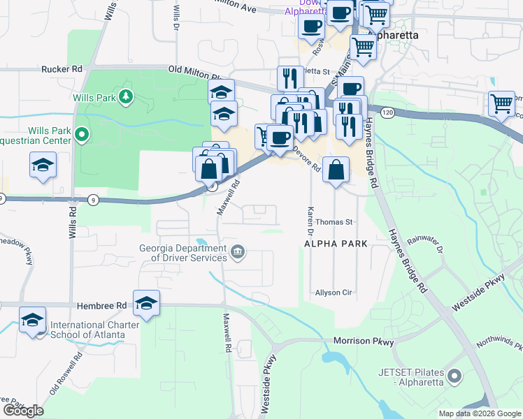 map of restaurants, bars, coffee shops, grocery stores, and more near 2220 Kilmington Square in Alpharetta