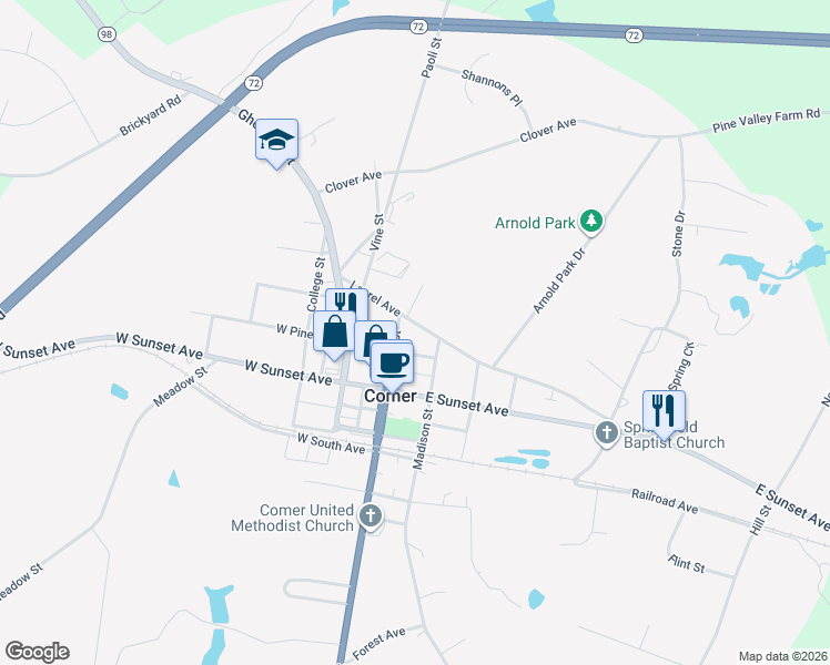 map of restaurants, bars, coffee shops, grocery stores, and more near 225 Laurel Avenue in Comer