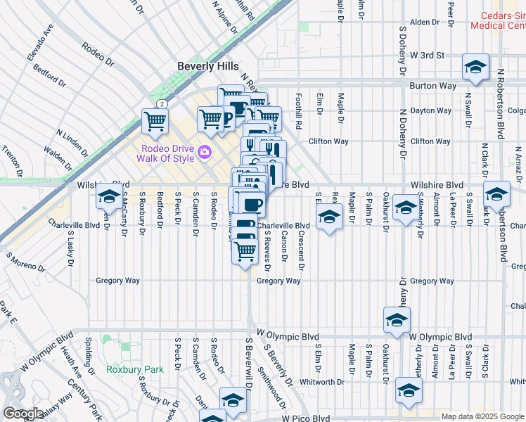 map of restaurants, bars, coffee shops, grocery stores, and more near 137 South Reeves Drive in Beverly Hills