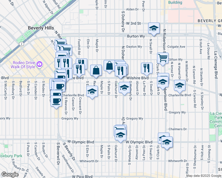 map of restaurants, bars, coffee shops, grocery stores, and more near 136 South Palm Drive in Beverly Hills