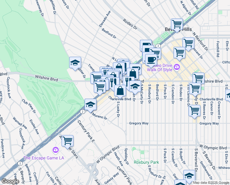 map of restaurants, bars, coffee shops, grocery stores, and more near 9855 South Santa Monica Boulevard in Beverly Hills