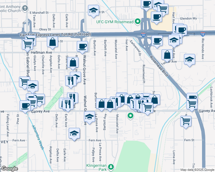 map of restaurants, bars, coffee shops, grocery stores, and more near 3204 Bartlett Avenue in Rosemead