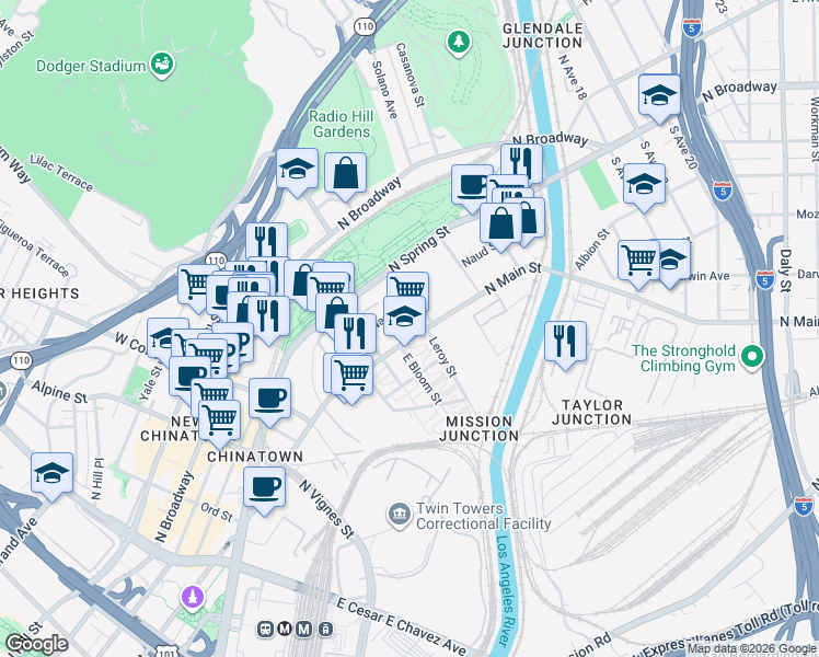 map of restaurants, bars, coffee shops, grocery stores, and more near 1457 North Main Street in Los Angeles