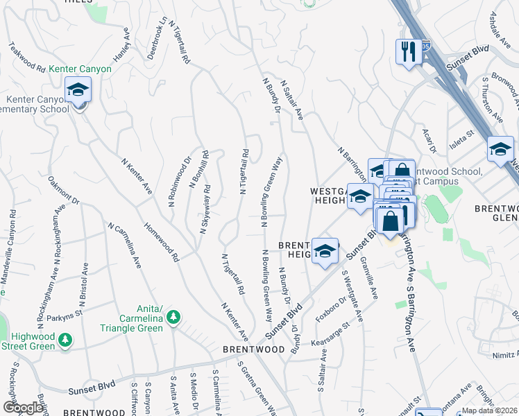 map of restaurants, bars, coffee shops, grocery stores, and more near 411 North Bowling Green Way in Los Angeles