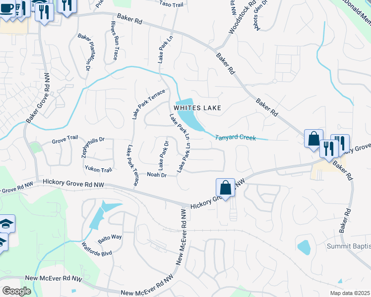 map of restaurants, bars, coffee shops, grocery stores, and more near 4879 Lake Park Lane in Acworth
