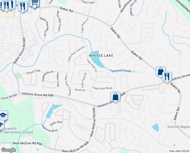 map of restaurants, bars, coffee shops, grocery stores, and more near 2744 Lake Park Ridge West in Acworth