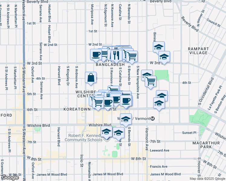 map of restaurants, bars, coffee shops, grocery stores, and more near 425 South Catalina Street in Los Angeles