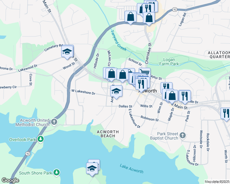 map of restaurants, bars, coffee shops, grocery stores, and more near 4570 Academy Street in Acworth