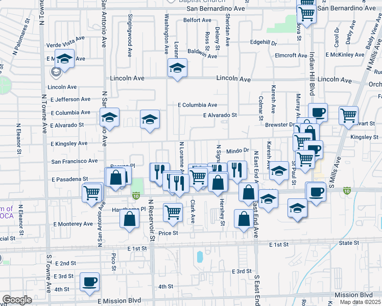 map of restaurants, bars, coffee shops, grocery stores, and more near 725 Clark Avenue in Pomona