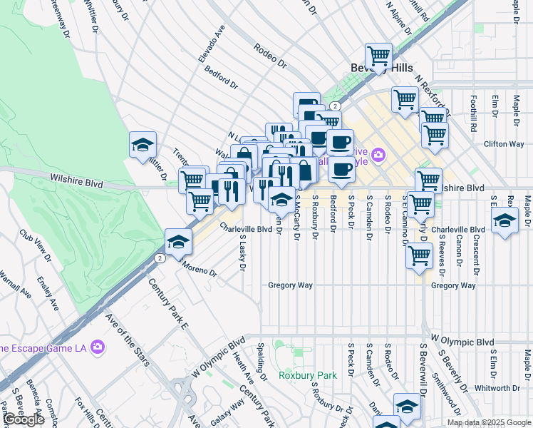 map of restaurants, bars, coffee shops, grocery stores, and more near 120 South Spalding Drive in Beverly Hills