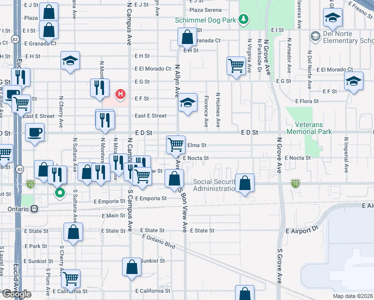 map of restaurants, bars, coffee shops, grocery stores, and more near 937 East Elma Street in Ontario
