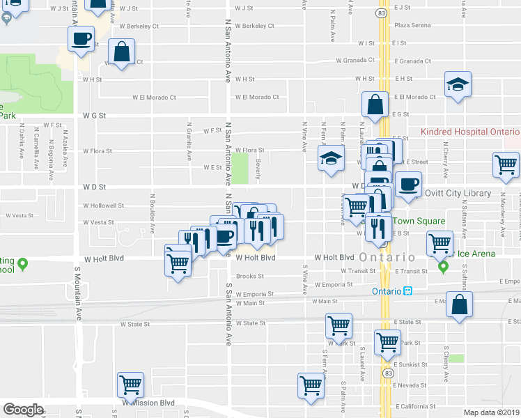 map of restaurants, bars, coffee shops, grocery stores, and more near 607 West D Street in Ontario