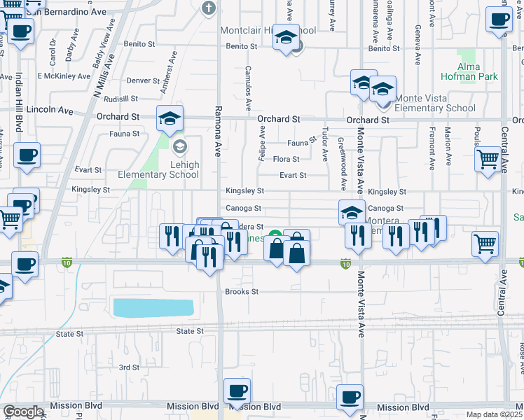 map of restaurants, bars, coffee shops, grocery stores, and more near 4595 Kingsley Street in Montclair