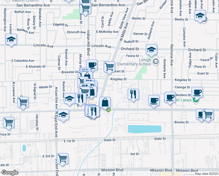 map of restaurants, bars, coffee shops, grocery stores, and more near 10340 Pradera Avenue in Montclair