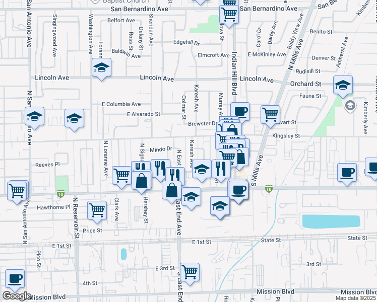 map of restaurants, bars, coffee shops, grocery stores, and more near 781 Karesh Avenue in Pomona
