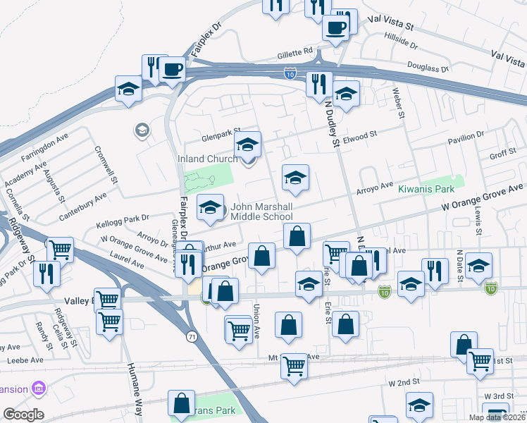map of restaurants, bars, coffee shops, grocery stores, and more near 1731 Pavilion Drive in Pomona